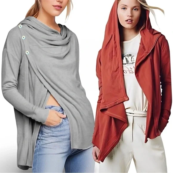 Free People Bond Cardigan Oversized Drape Wrap Hooded Sweater | Gray | Size M - Picture 1 of 16